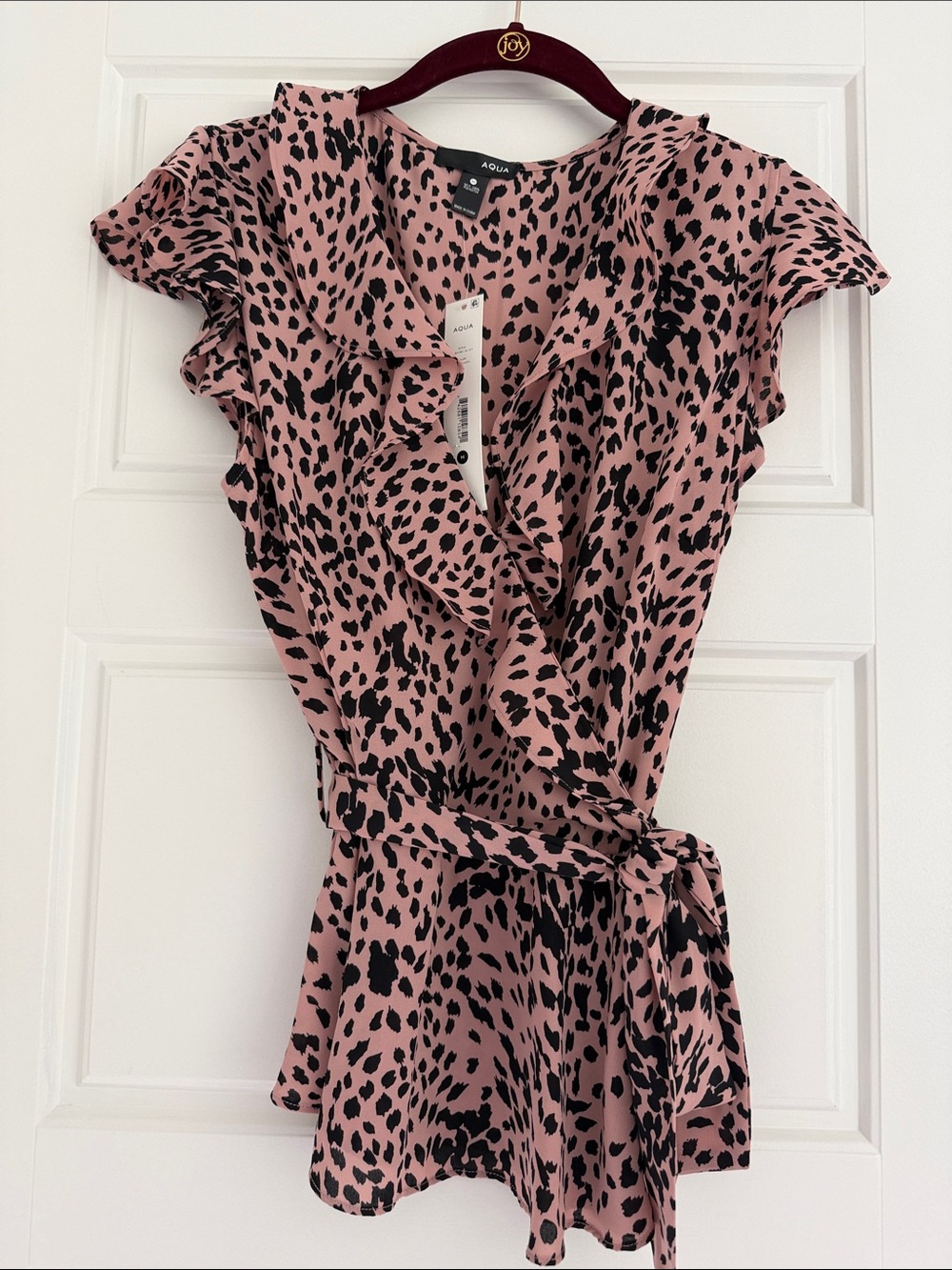Aqua Blush Pink Wrap Blouse with Black Spot Print